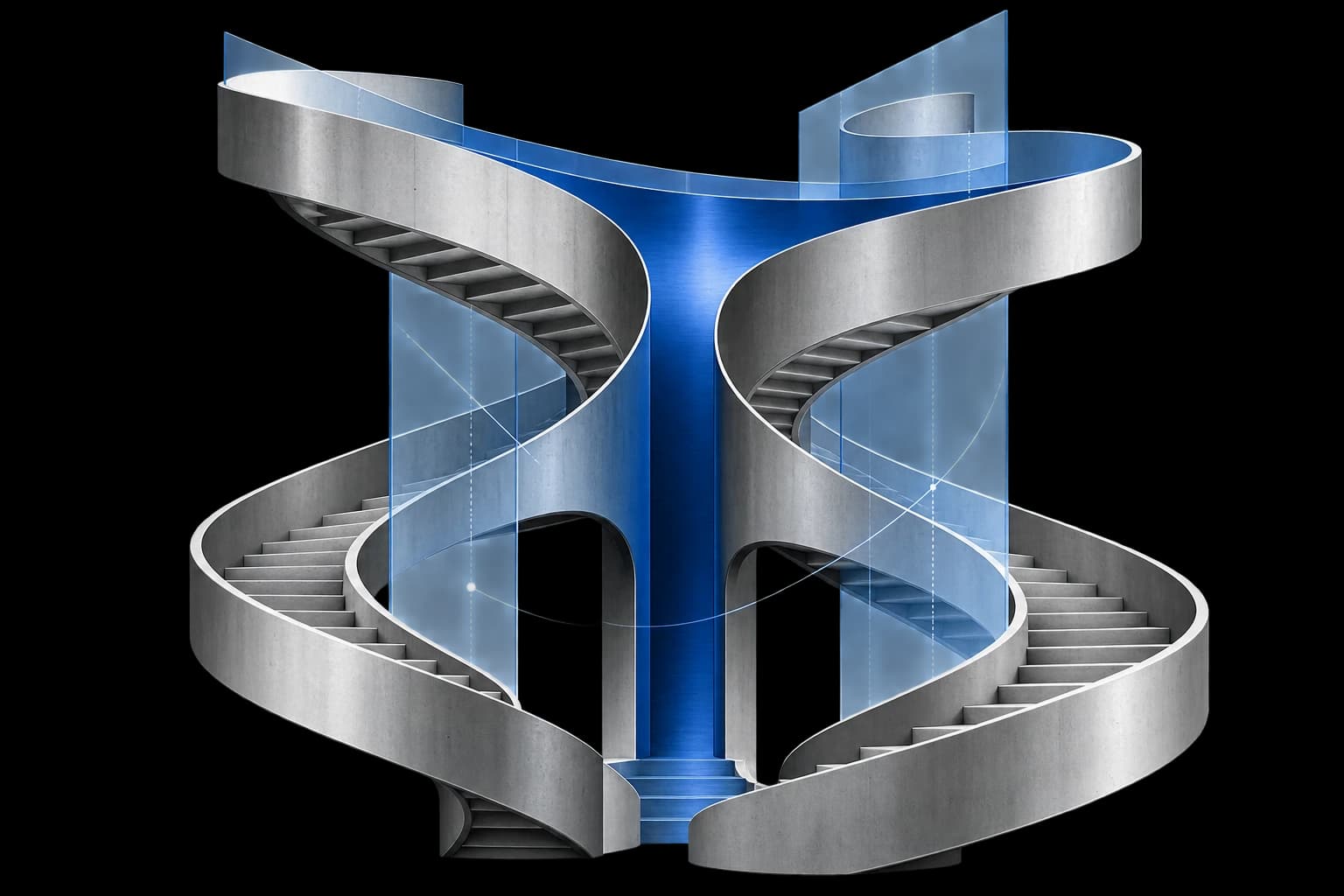 Ortak bir mavi geçitte birleşen iki heykelsi merdiven: insan muhakemesi ve yapay zekâ